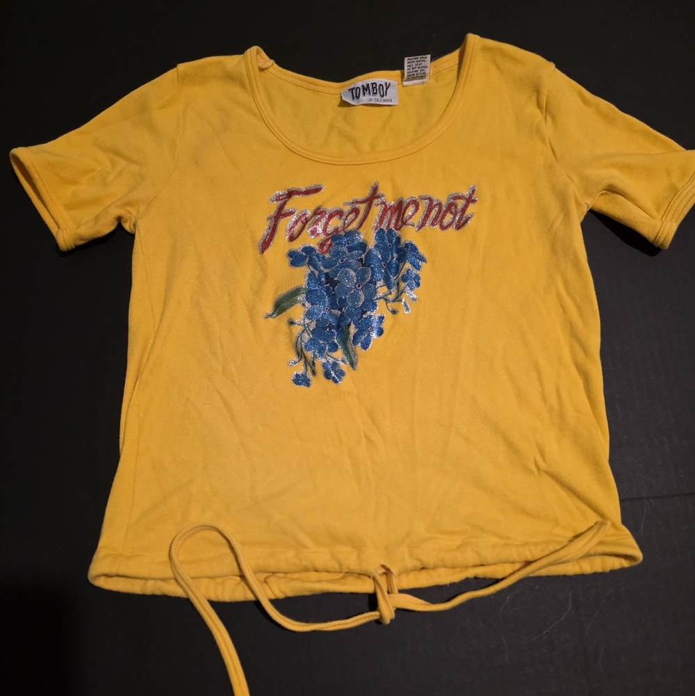 Vintage Yellow Crop Top with Blue Floral Design